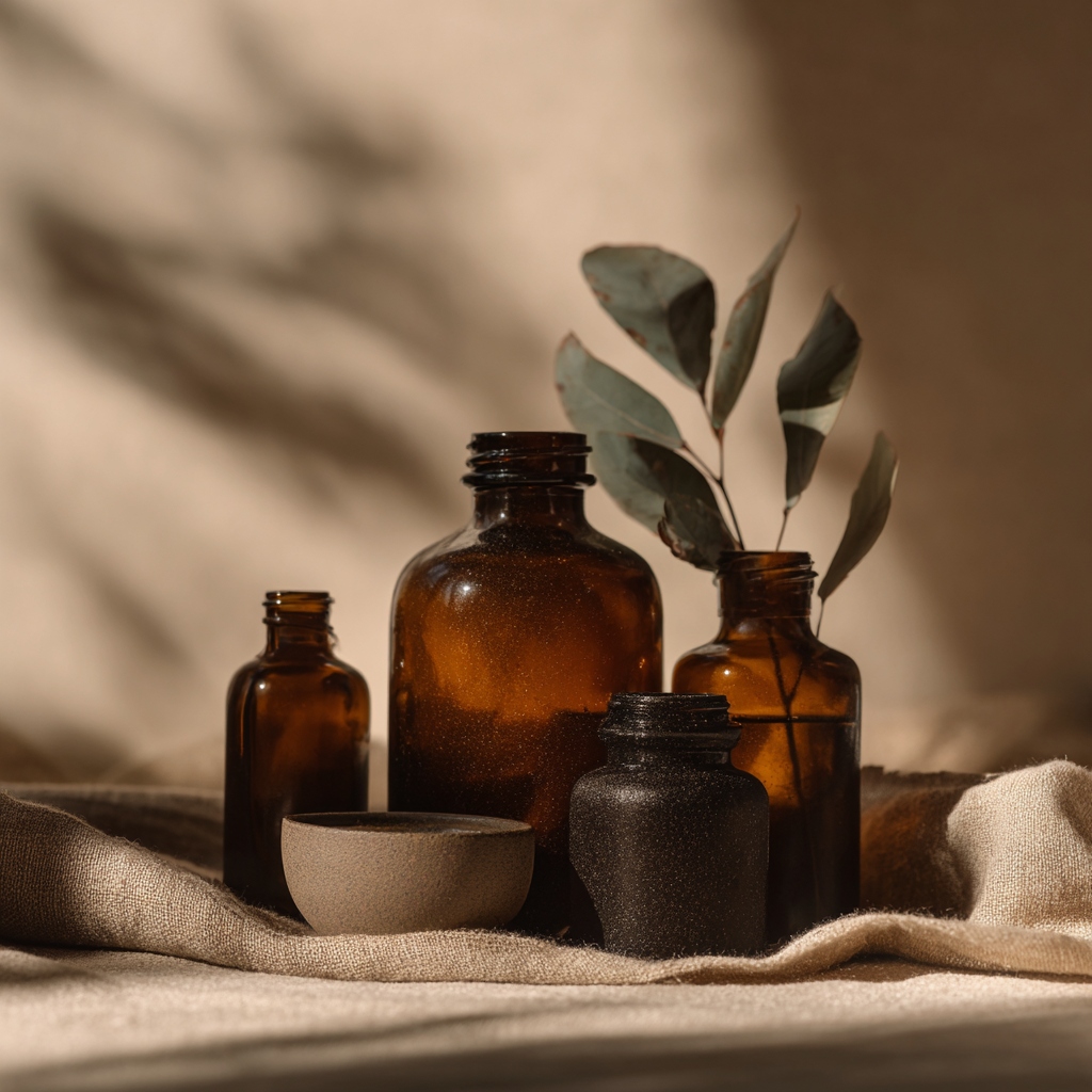 Apothecary still life of skincare bottles on warm linen